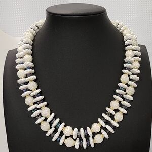 Vintage White Floral Bead Necklace Gold Tone Box Clasp Mid Century Statement 50s